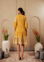 Thumbnail for Juniper Mustard Ethnic Motifs Viscose Tiered Short Dress With Beads, Sequence, Dori