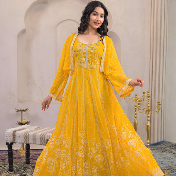 Juniper Mustard Ethnic Motifs Printed Man Made Fiber Tiered Long Dress