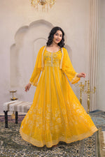 Thumbnail for Juniper Mustard Ethnic Motifs Printed Man Made Fiber Tiered Long Dress