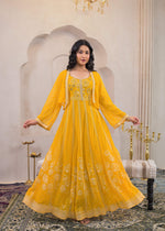 Thumbnail for Juniper Mustard Ethnic Motifs Printed Man Made Fiber Tiered Long Dress