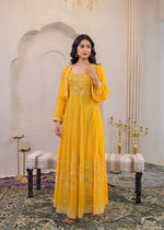 Thumbnail for Juniper Mustard Ethnic Motifs Printed Man Made Fiber Tiered Long Dress