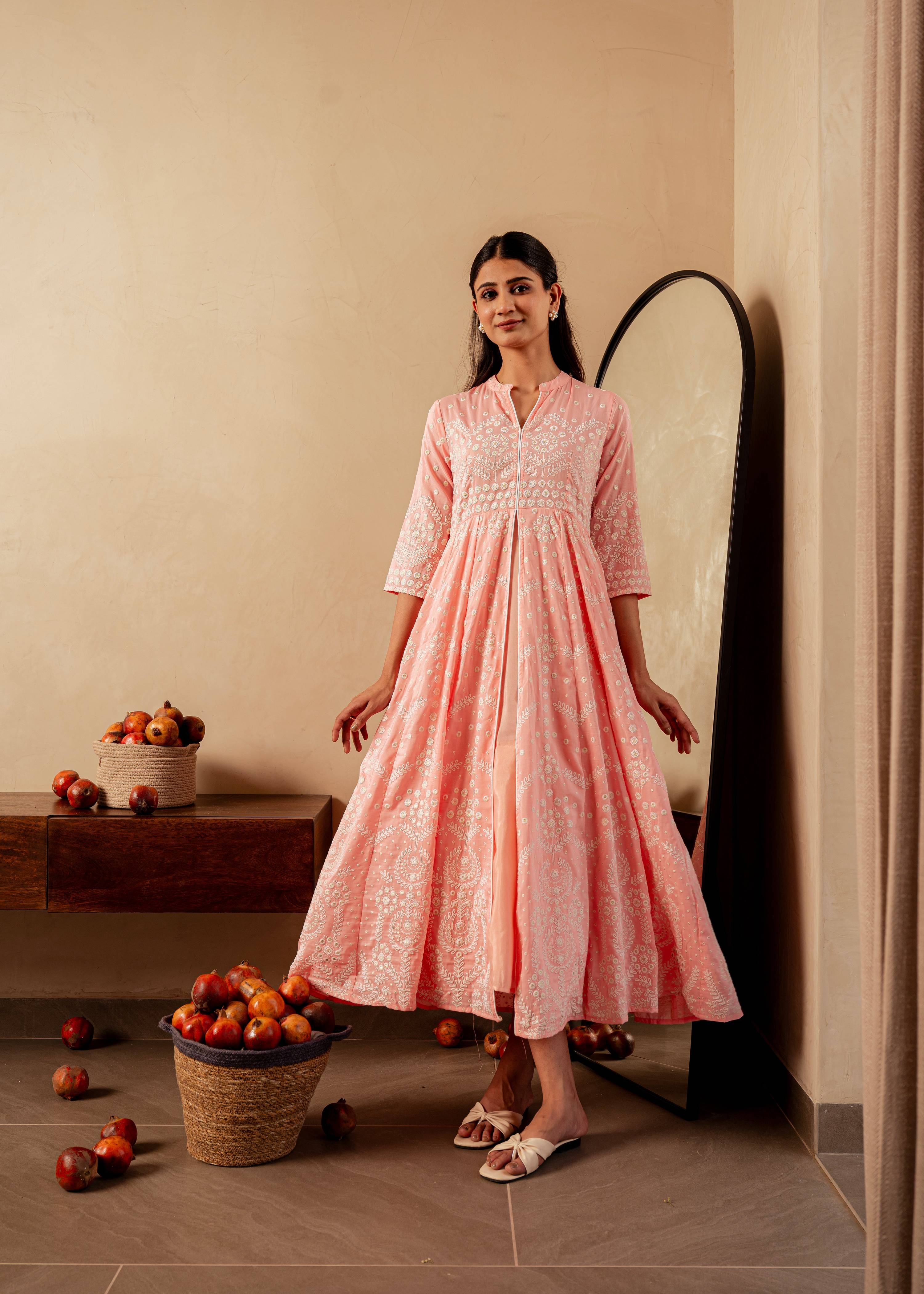 Juniper Peach Solid Panelled Long Dress With Thread Work