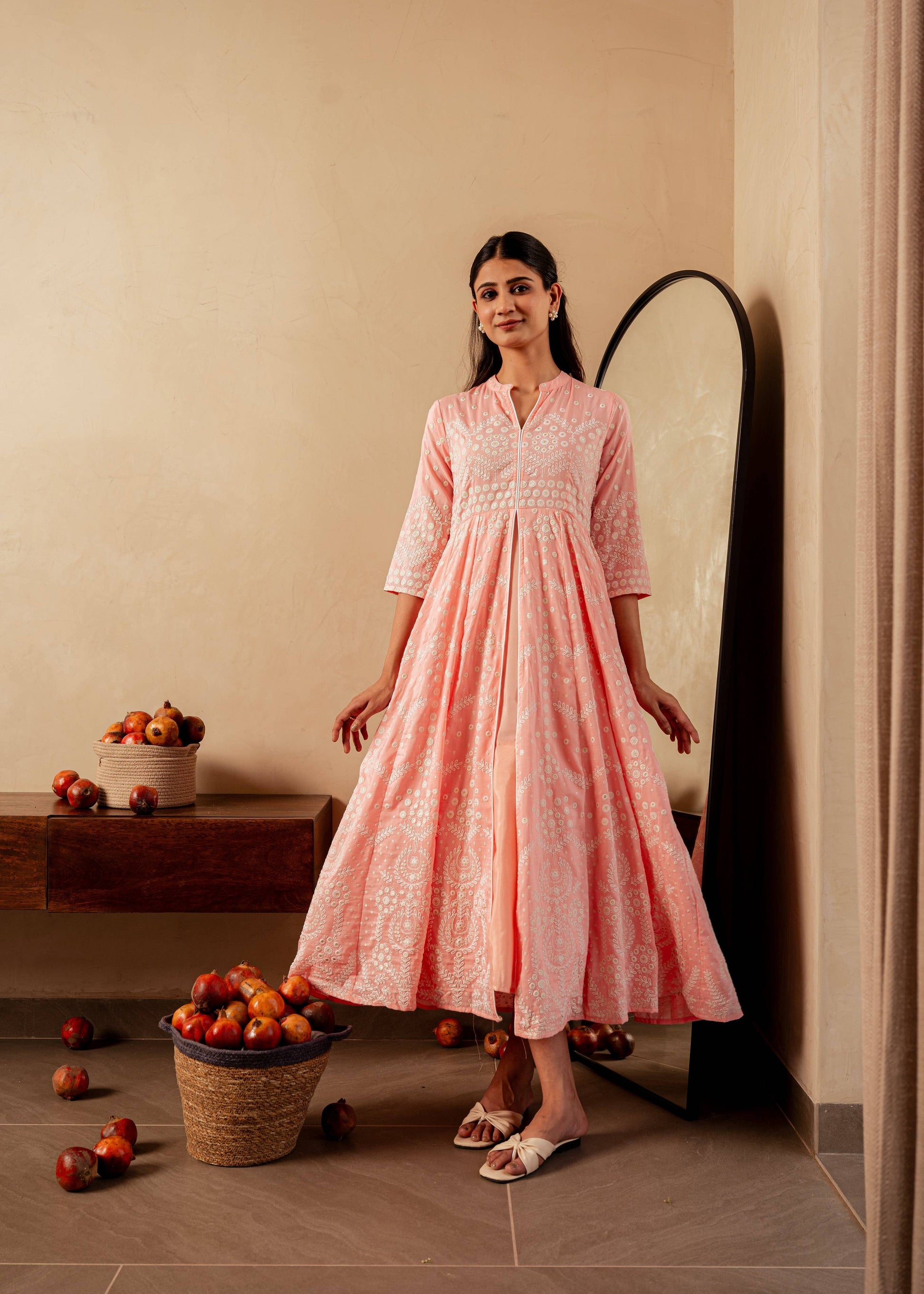 Juniper Peach Solid Panelled Long Dress With Thread Work - Distacart