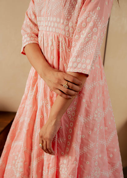 Juniper Peach Solid Panelled Long Dress With Thread Work - Distacart