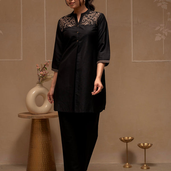 Juniper Black Solid Viscose Tunic And Pants Co-Ord Set With Thread Work And Button Detailing