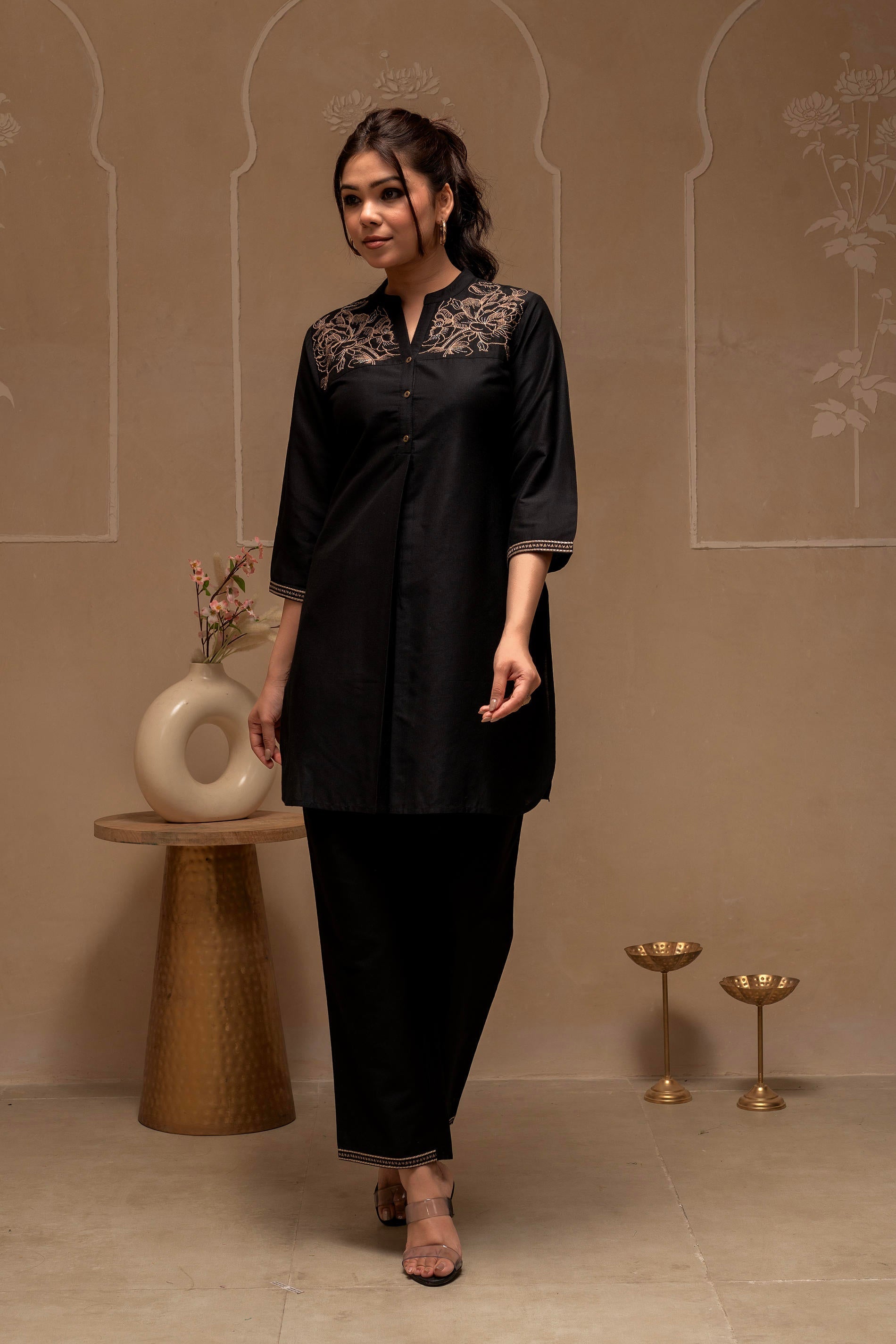 Juniper Black Solid Viscose Tunic And Pants Co-Ord Set With Thread Work And Button Detailing - Distacart