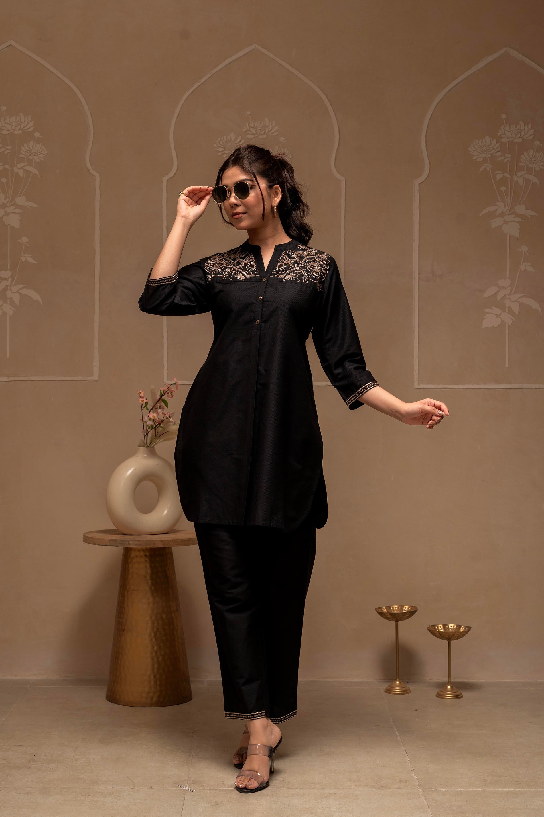 Juniper Black Solid Viscose Tunic And Pants Co-Ord Set With Thread Work And Button Detailing - Distacart