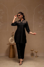 Thumbnail for Juniper Black Solid Viscose Tunic And Pants Co-Ord Set With Thread Work And Button Detailing