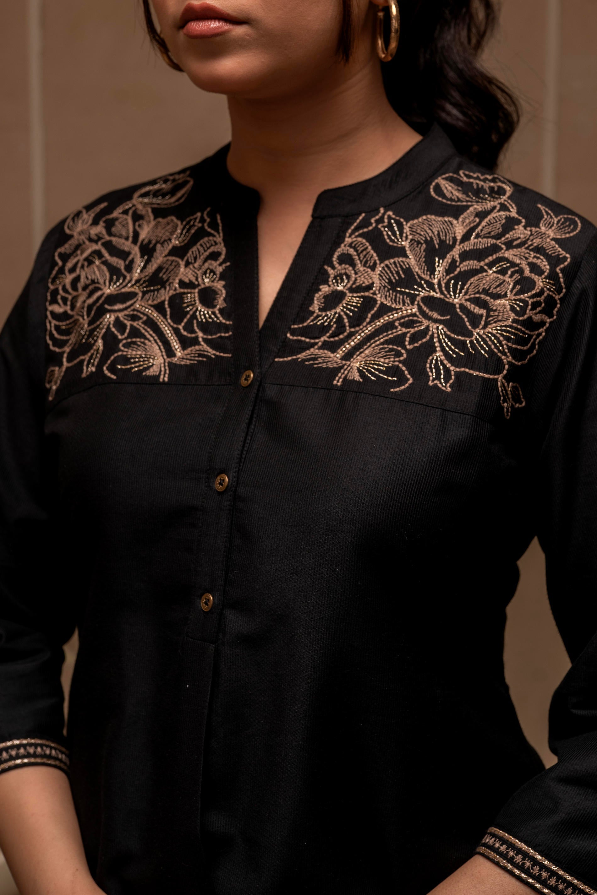 Juniper Black Solid Viscose Tunic And Pants Co-Ord Set With Thread Work And Button Detailing