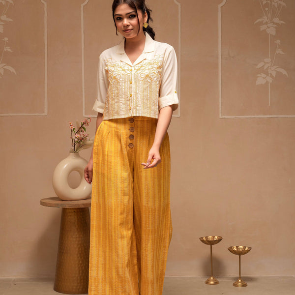Juniper Off White Mustard Solid Viscose Top And Printed Cotton Pants Co-Ord Set With Thread Work And Buttons