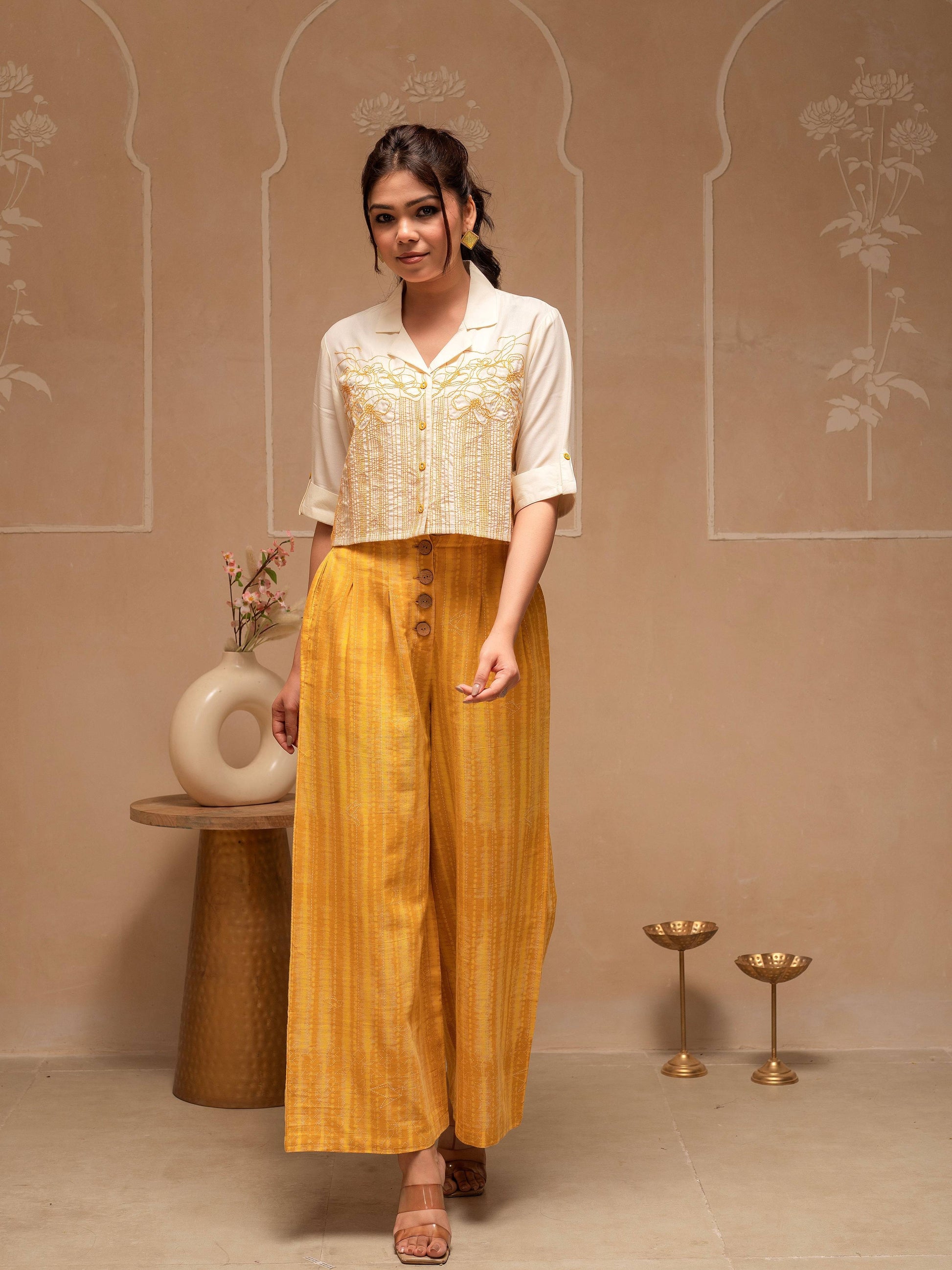Juniper Off White Mustard Solid Viscose Top And Printed Cotton Pants Co-Ord Set With Thread Work And Buttons - Distacart