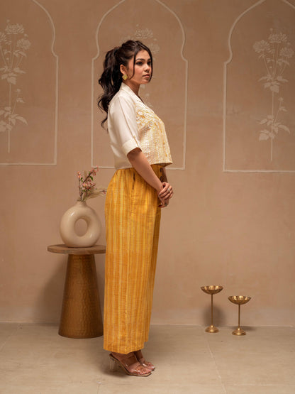 Juniper Off White Mustard Solid Viscose Top And Printed Cotton Pants Co-Ord Set With Thread Work And Buttons - Distacart