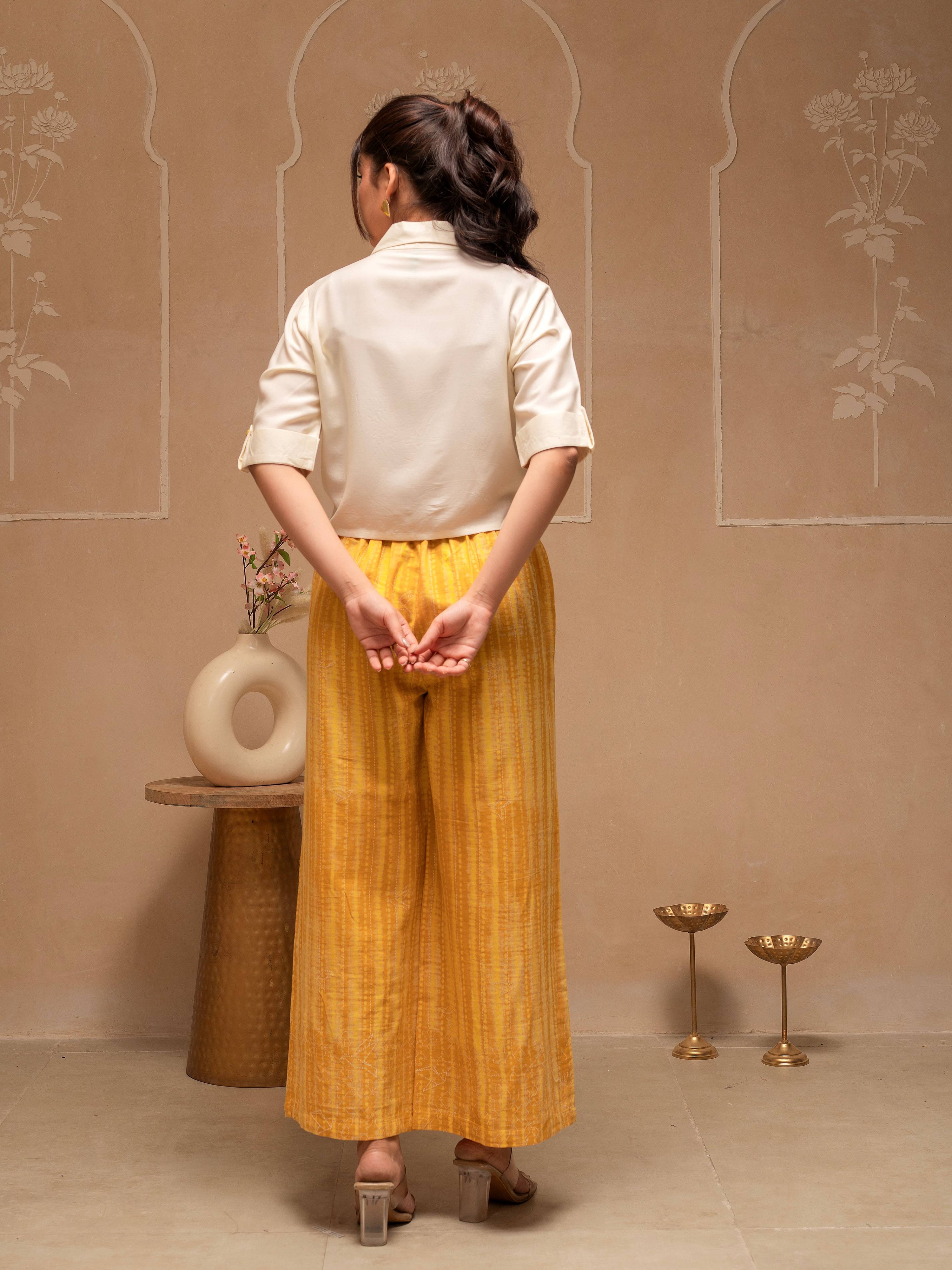 Juniper Off White Mustard Solid Viscose Top And Printed Cotton Pants Co-Ord Set With Thread Work And Buttons