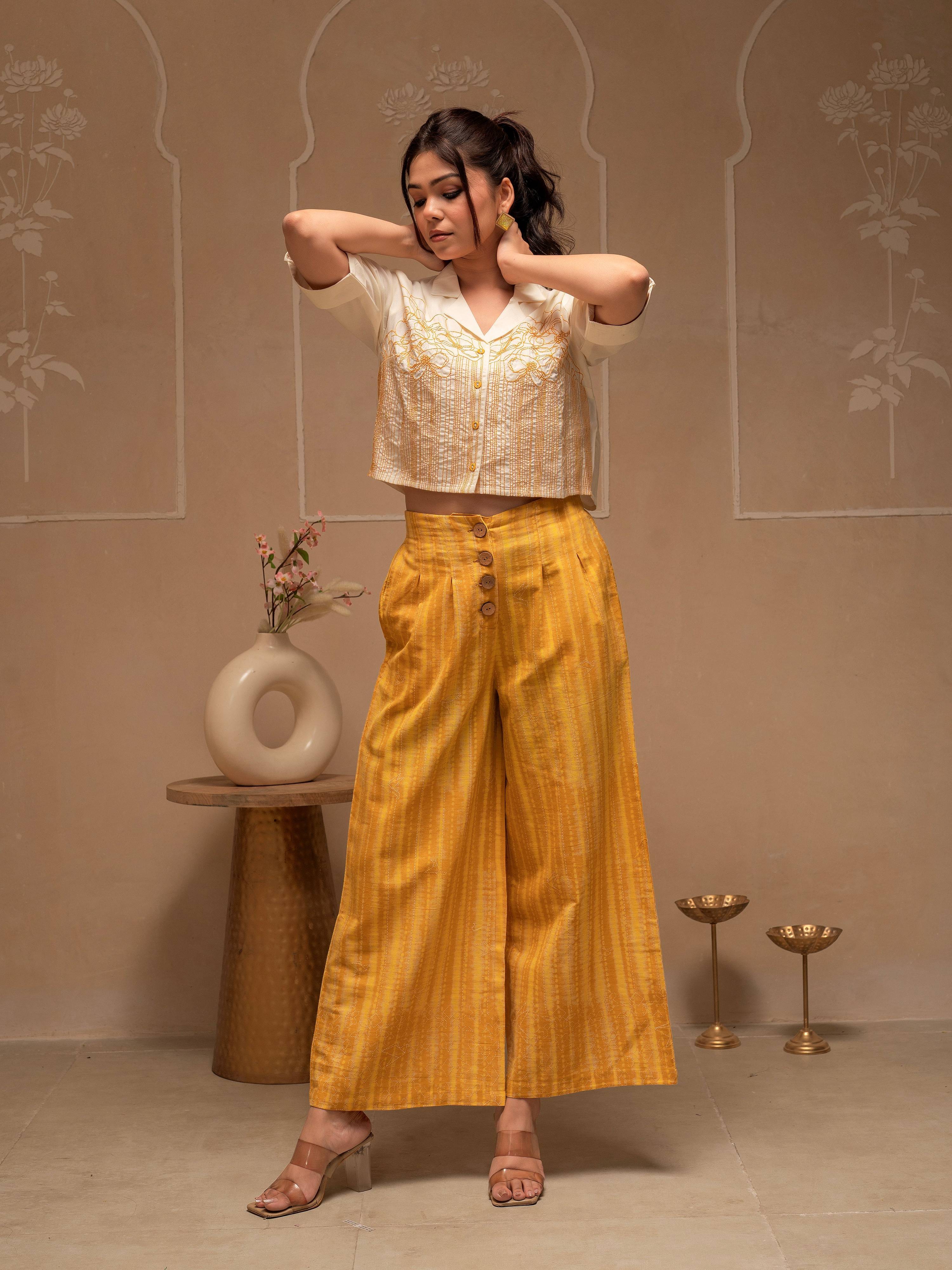 Juniper Off White Mustard Solid Viscose Top And Printed Cotton Pants Co-Ord Set With Thread Work And Buttons
