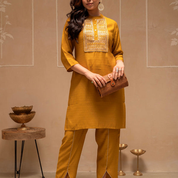 Juniper Mustard Solid Viscose Tunic And Pant Co-Ord Set With Mirror, Thread Work, Button & Sequence