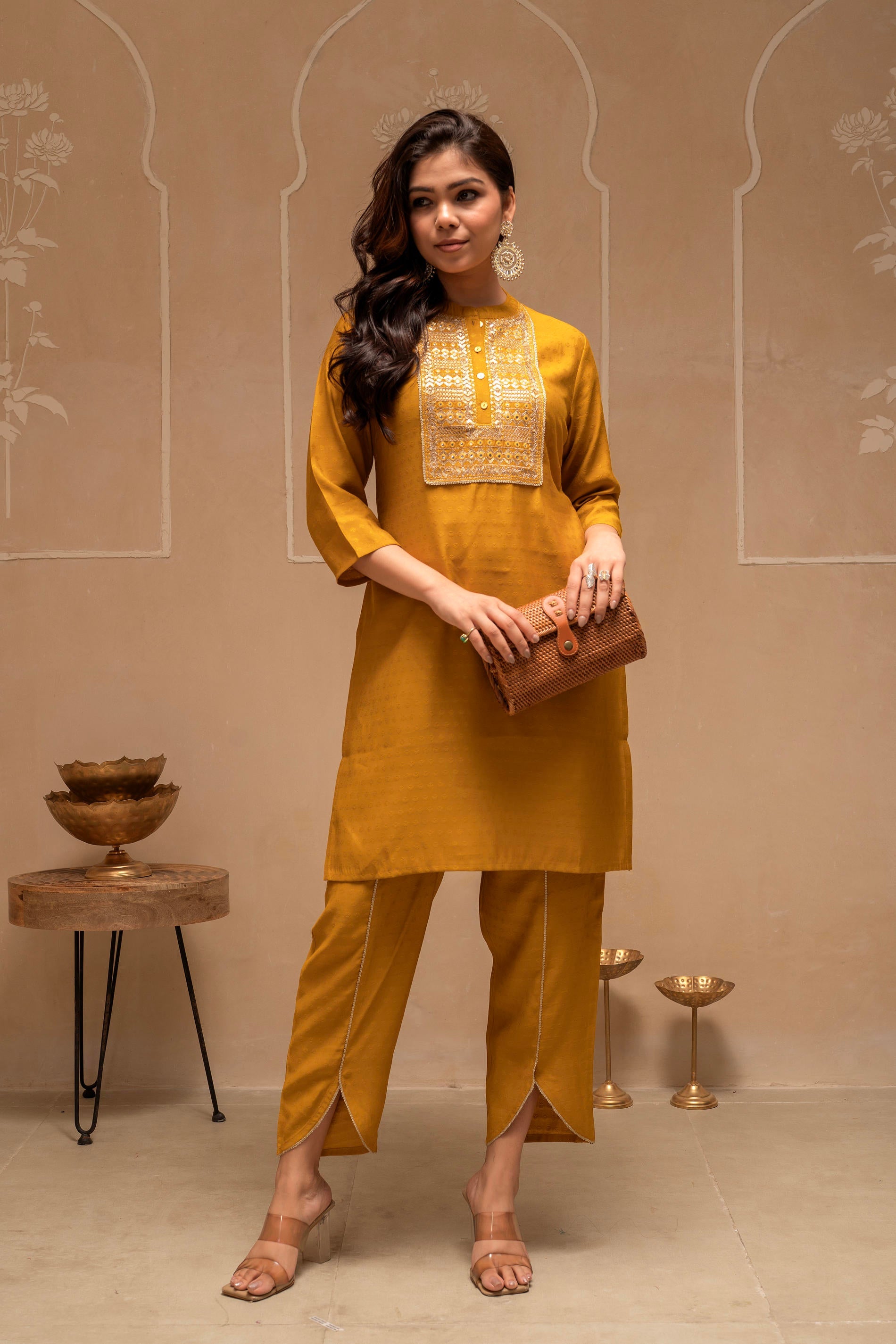 Juniper Mustard Solid Viscose Tunic And Pant Co-Ord Set With Mirror, Thread Work, Button & Sequence - Distacart