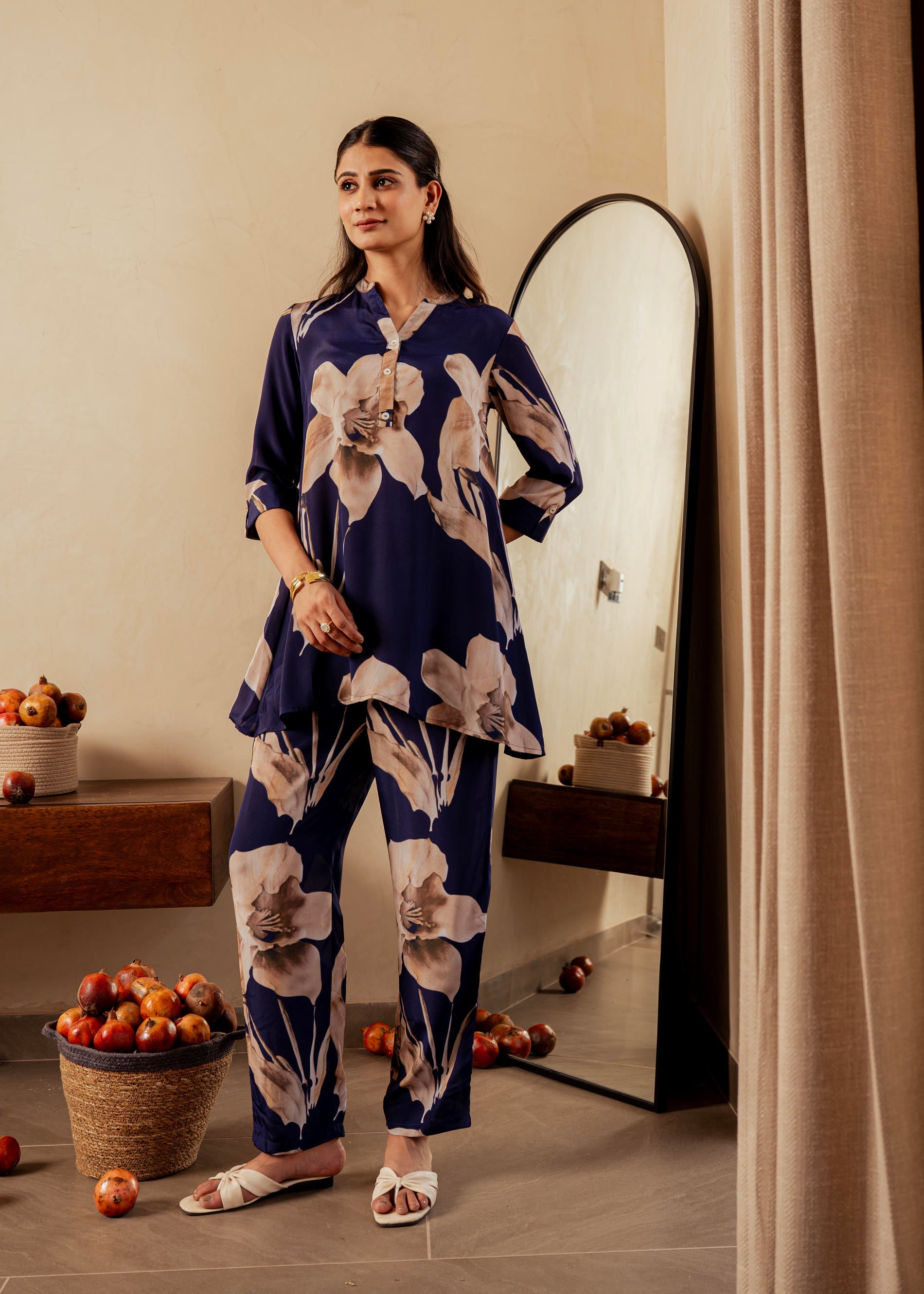 Juniper Navy Floral Printed Poly Tunic And Solid Pants Co-Ord Set With Button Detailing