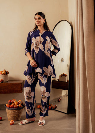 Juniper Navy Floral Printed Poly Tunic And Solid Pants Co-Ord Set With Button Detailing