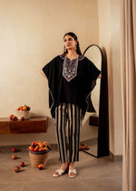 Thumbnail for Juniper Black Solid Viscose Kaftan And Pants Co-Ord Set With Mirror And Thread Work