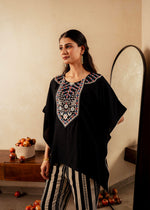 Thumbnail for Juniper Black Solid Viscose Kaftan And Pants Co-Ord Set With Mirror And Thread Work