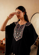 Thumbnail for Juniper Black Solid Viscose Kaftan And Pants Co-Ord Set With Mirror And Thread Work