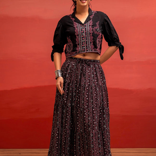 Juniper Black Embroidered Crop Top And Flared Skirt Set With Mirror Work Detailing