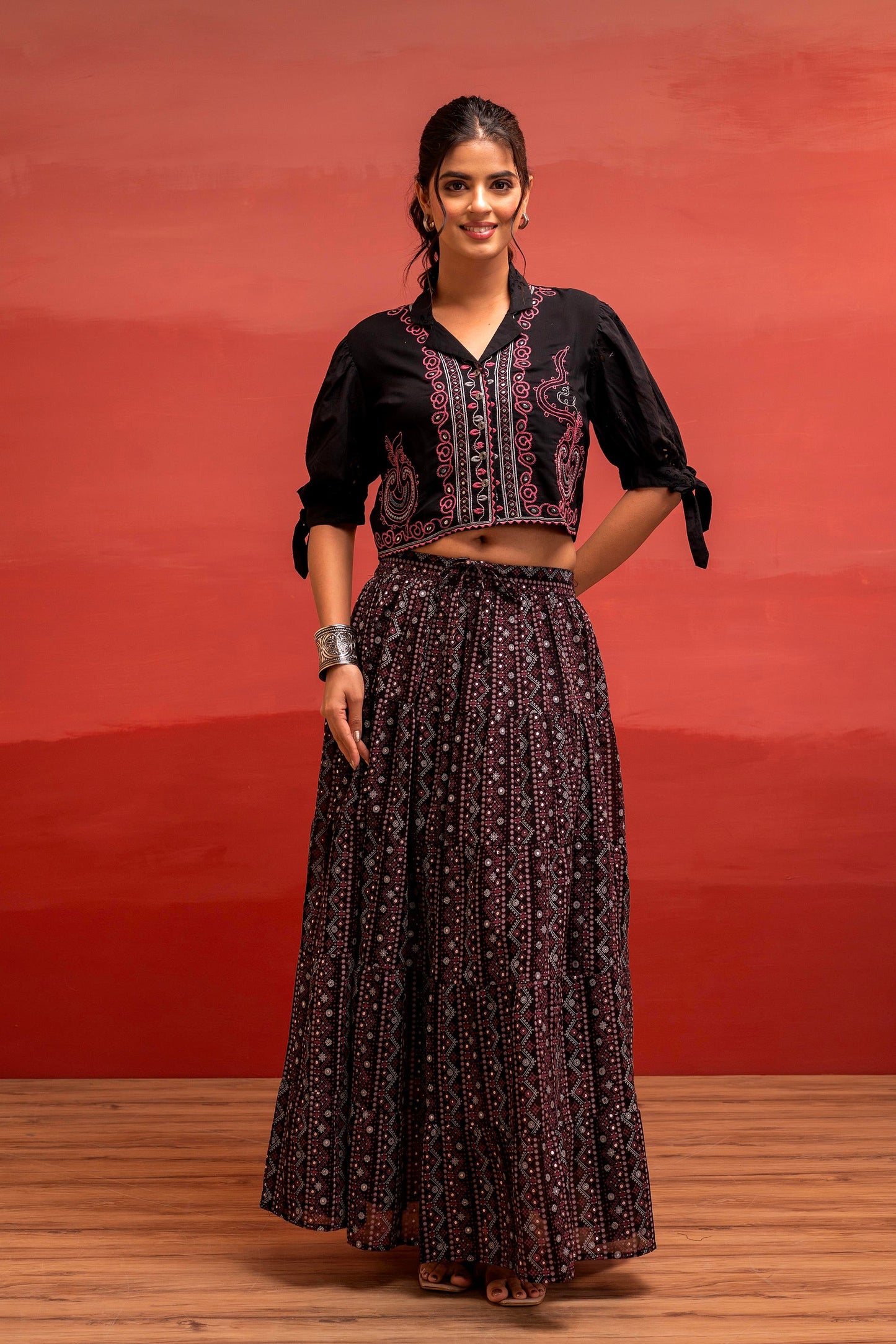 Juniper Black Embroidered Crop Top And Flared Skirt Set With Mirror Work Detailing - Distacart