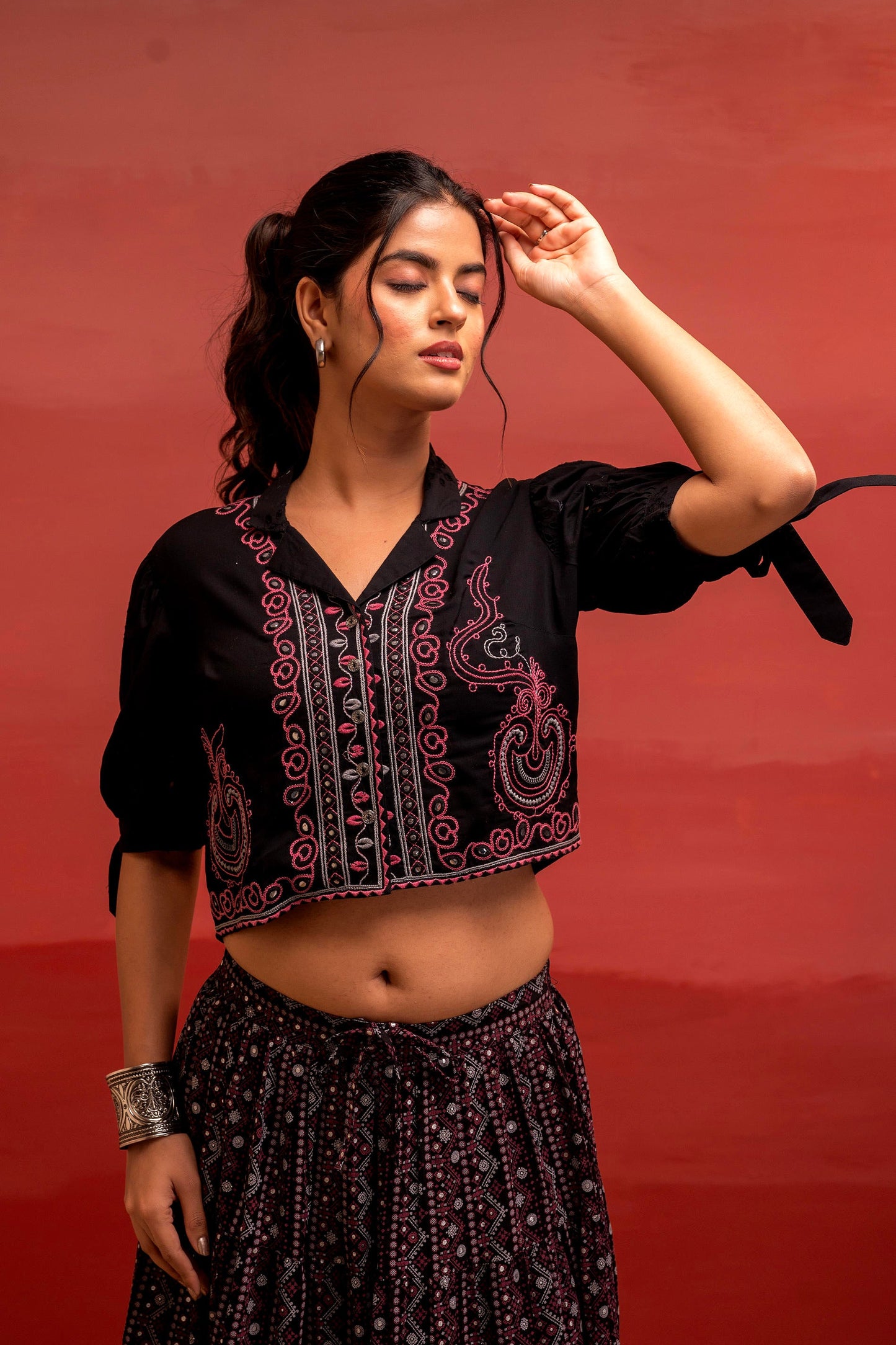Juniper Black Embroidered Crop Top And Flared Skirt Set With Mirror Work Detailing - Distacart