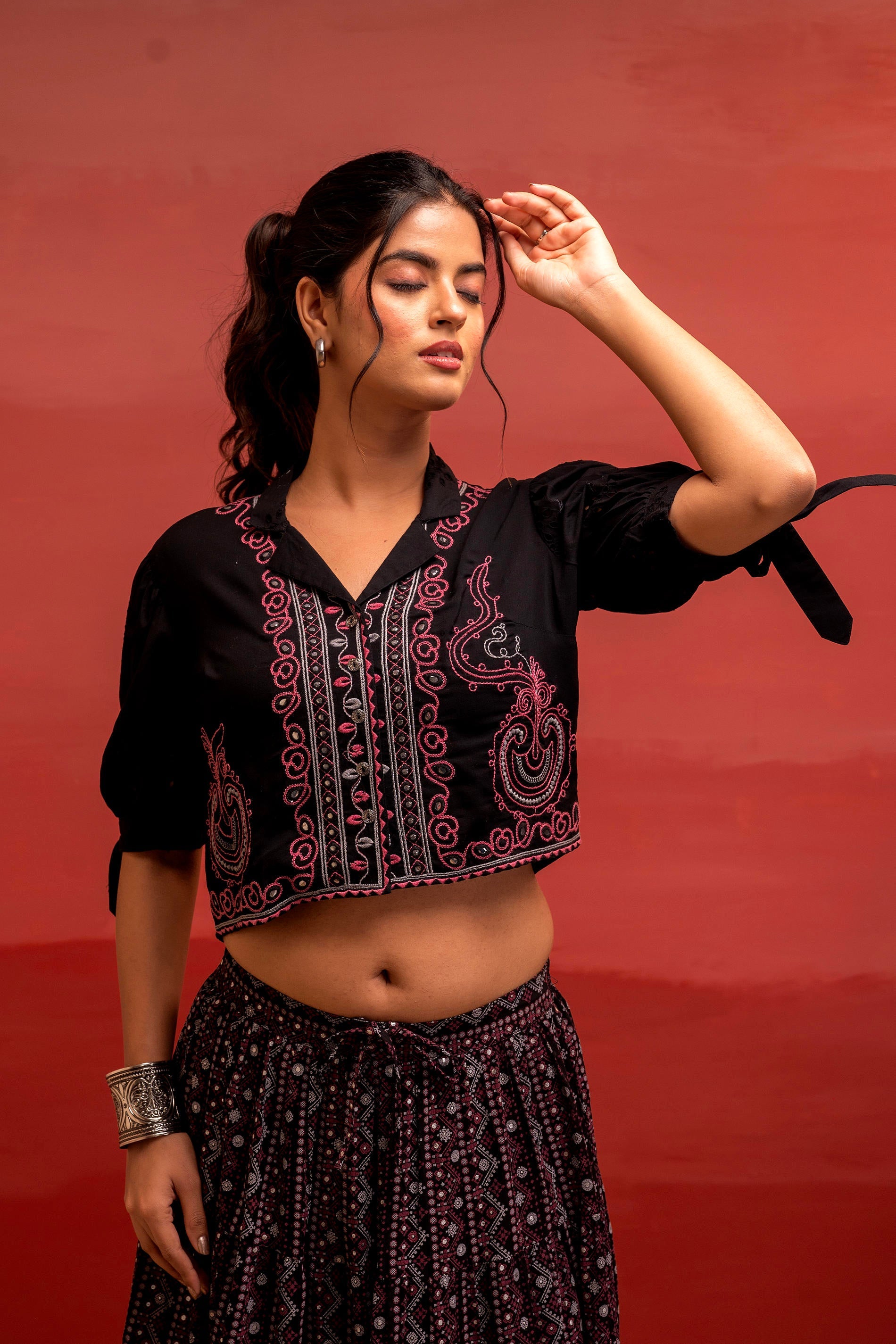 Juniper Black Embroidered Crop Top And Flared Skirt Set With Mirror Work Detailing - Distacart