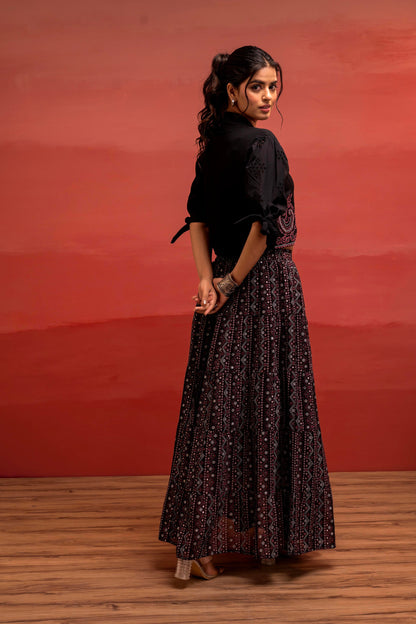 Juniper Black Embroidered Crop Top And Flared Skirt Set With Mirror Work Detailing - Distacart