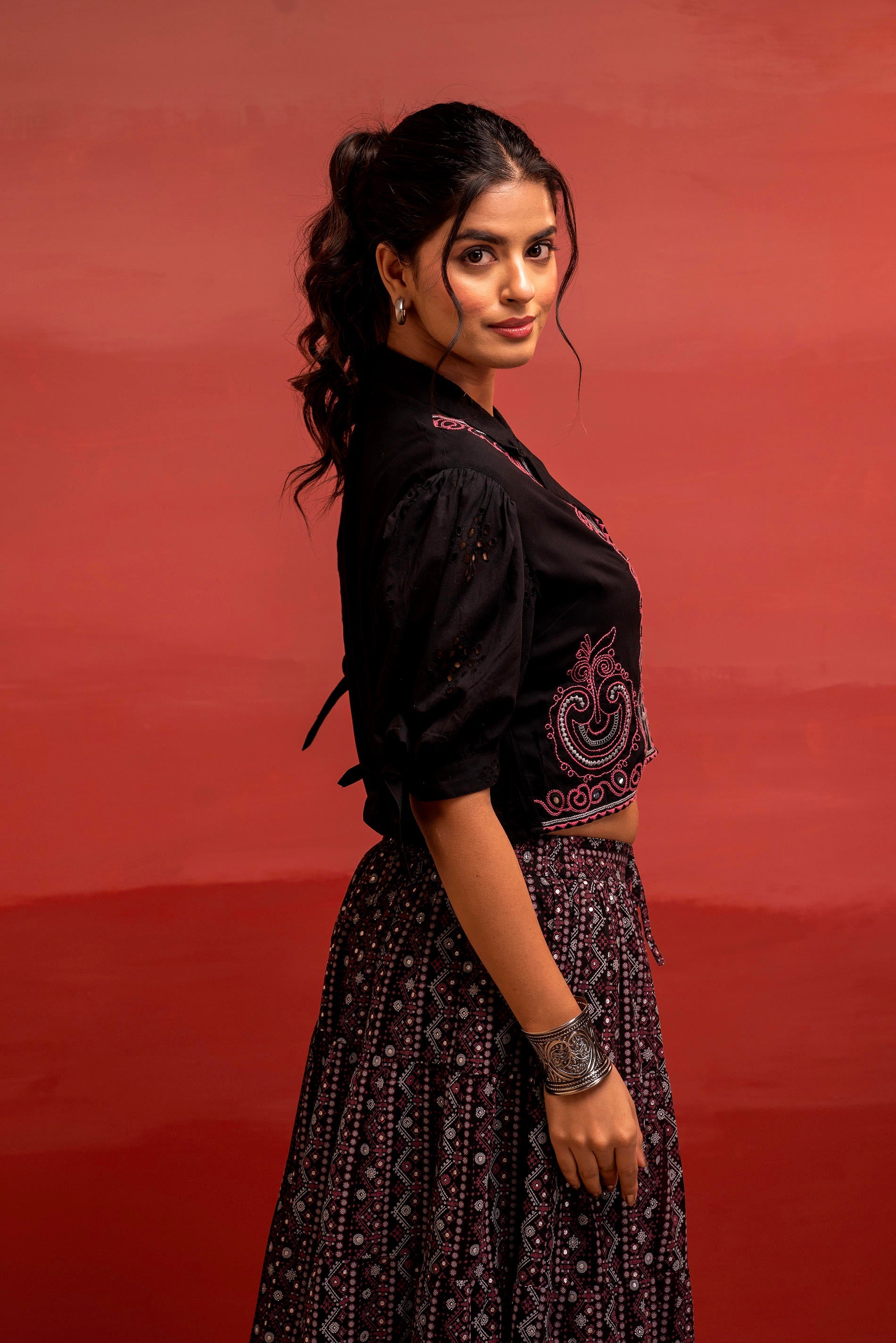 Juniper Black Embroidered Crop Top And Flared Skirt Set With Mirror Work Detailing