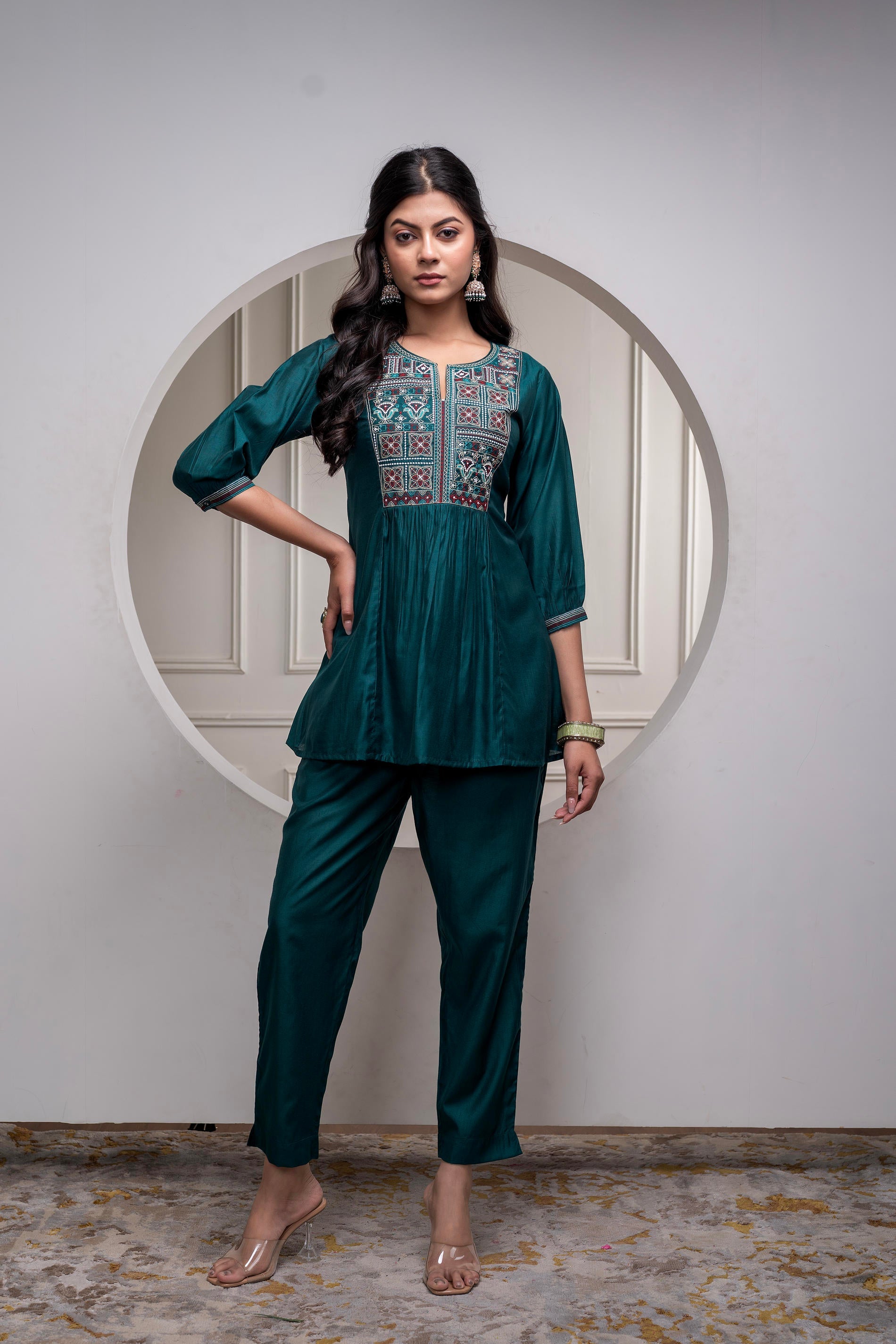 Juniper Bottle Green Solid Viscose Gathered Tunic And Pants Co-Ord Set With Thread Work