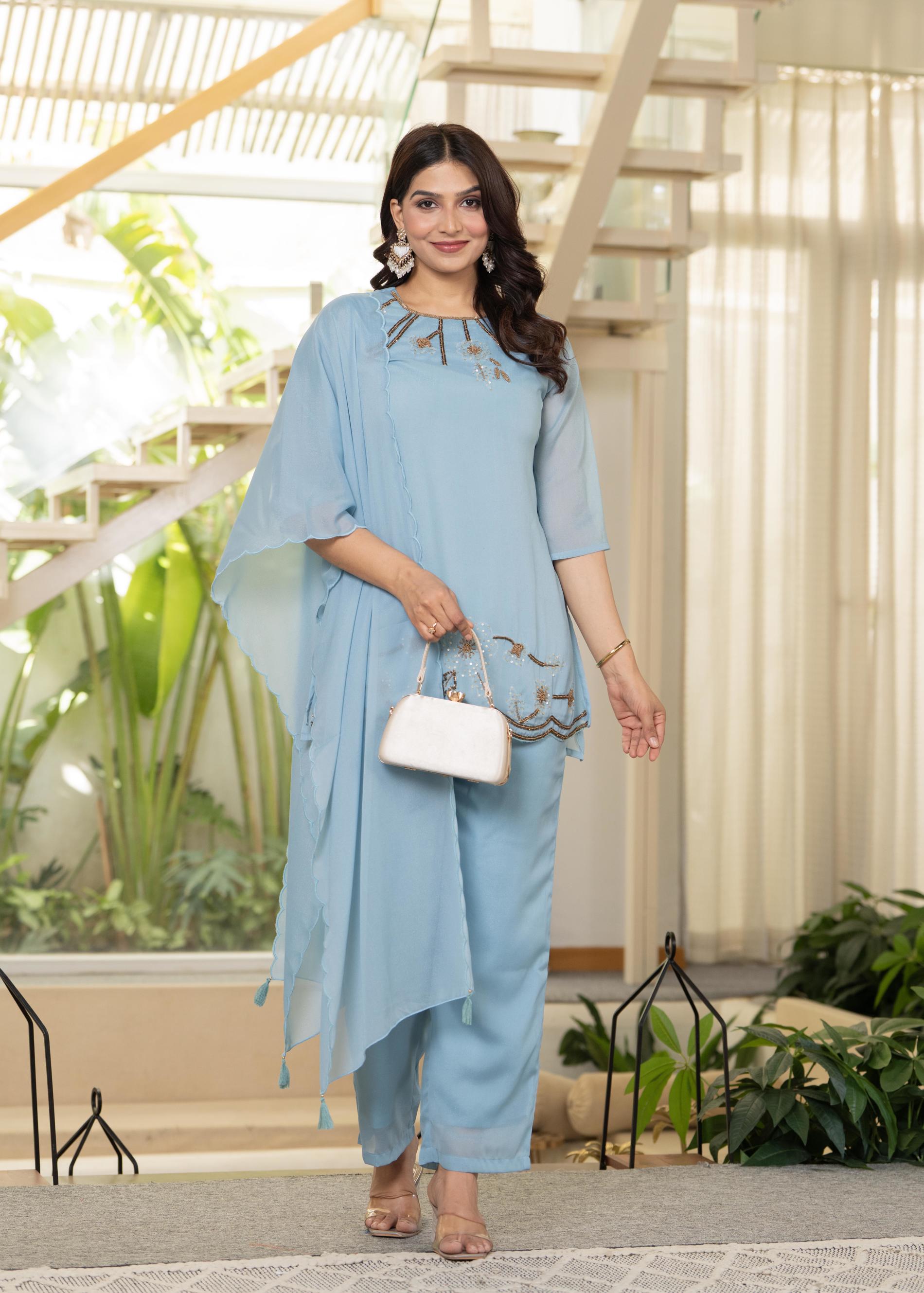 Juniper Sky Blue Embellished Kurta Pant Dupatta With Beads And Sequence Work