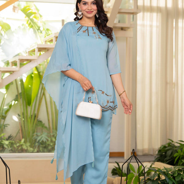 Juniper Sky Blue Embellished Kurta Pant Dupatta With Beads And Sequence Work