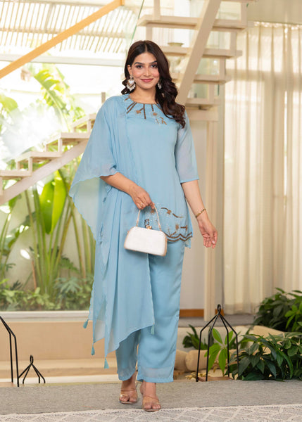 Juniper Sky Blue Embellished Kurta Pant Dupatta With Beads And Sequence Work