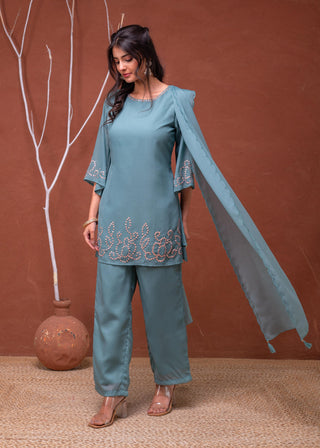 Juniper Mint Green Embellished Kurta Pant Dupatta With Beads And Sequence Work