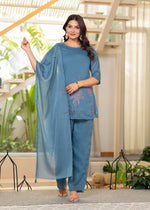 Thumbnail for Juniper Blue Solid Man Made Fiber Kurta Pant Dupatta Set With Beads And Telesales Work