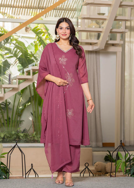 Juniper Mauve Solid Man Made Fiber Kurta Pant Dupatta Set With Beads And Sequence Work