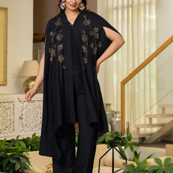 Juniper Black Embroidered Cape Co-Ord Set