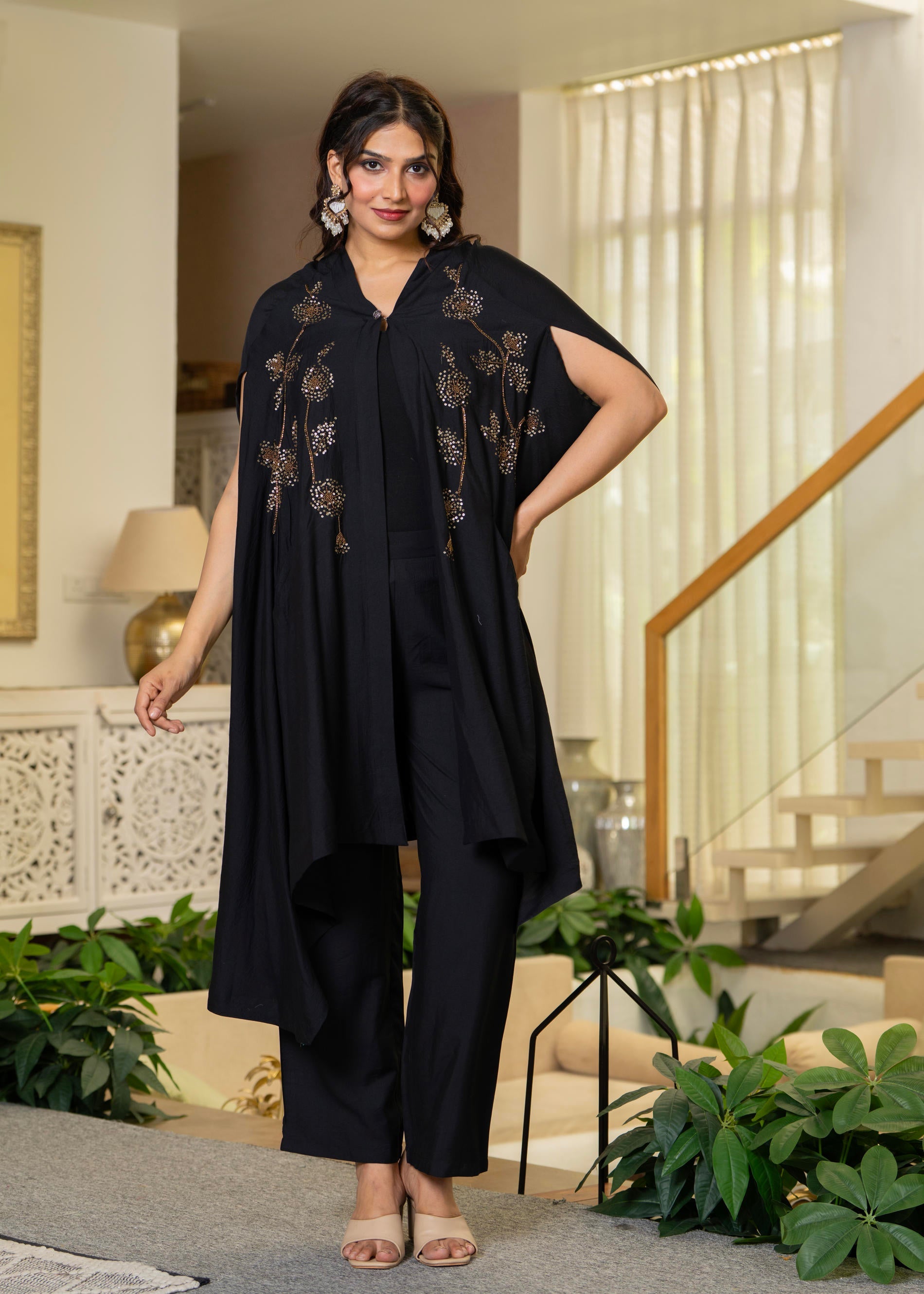 Juniper Black Embroidered Cape Co-Ord Set - Distacart