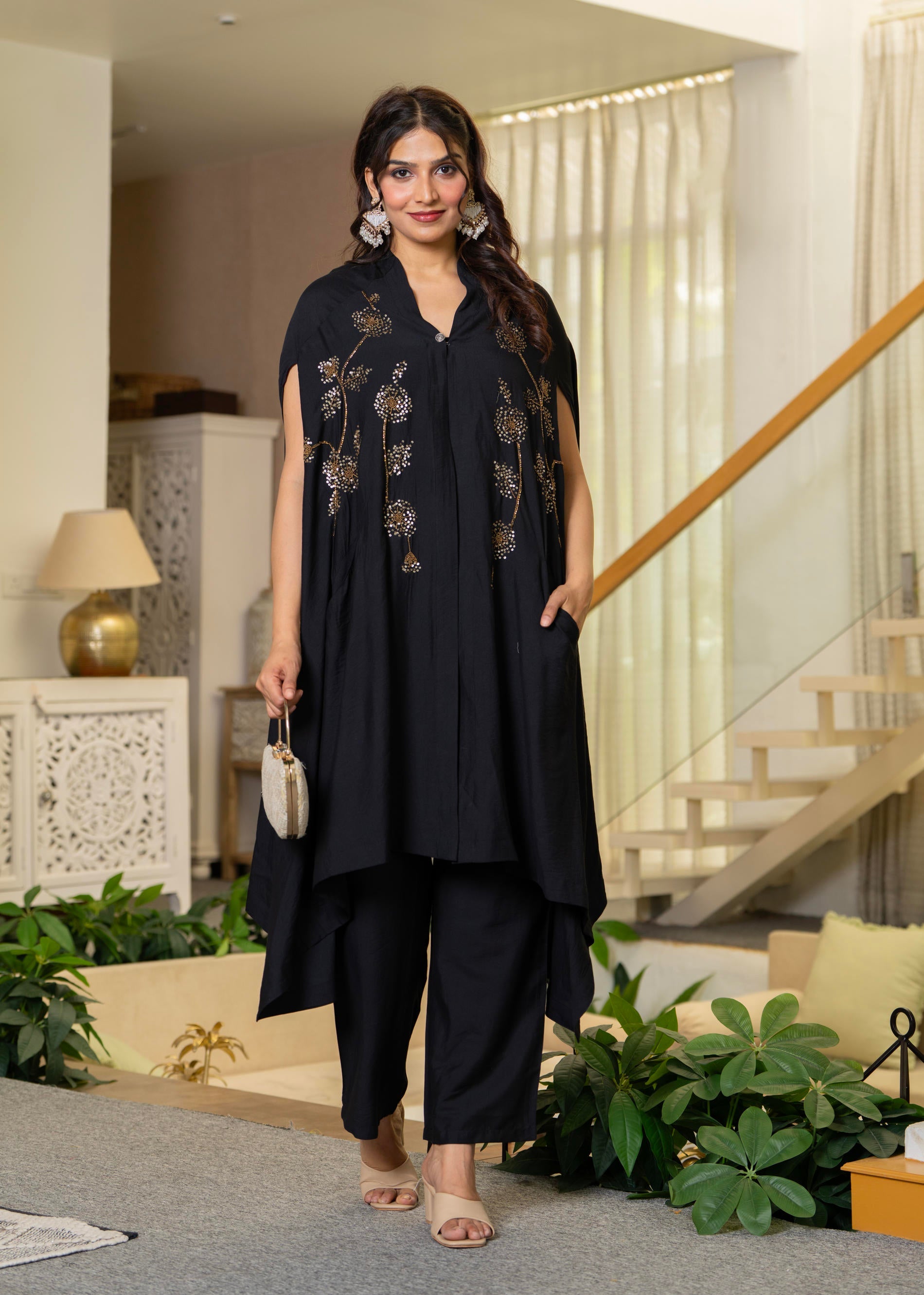 Juniper Black Embroidered Cape Co-Ord Set