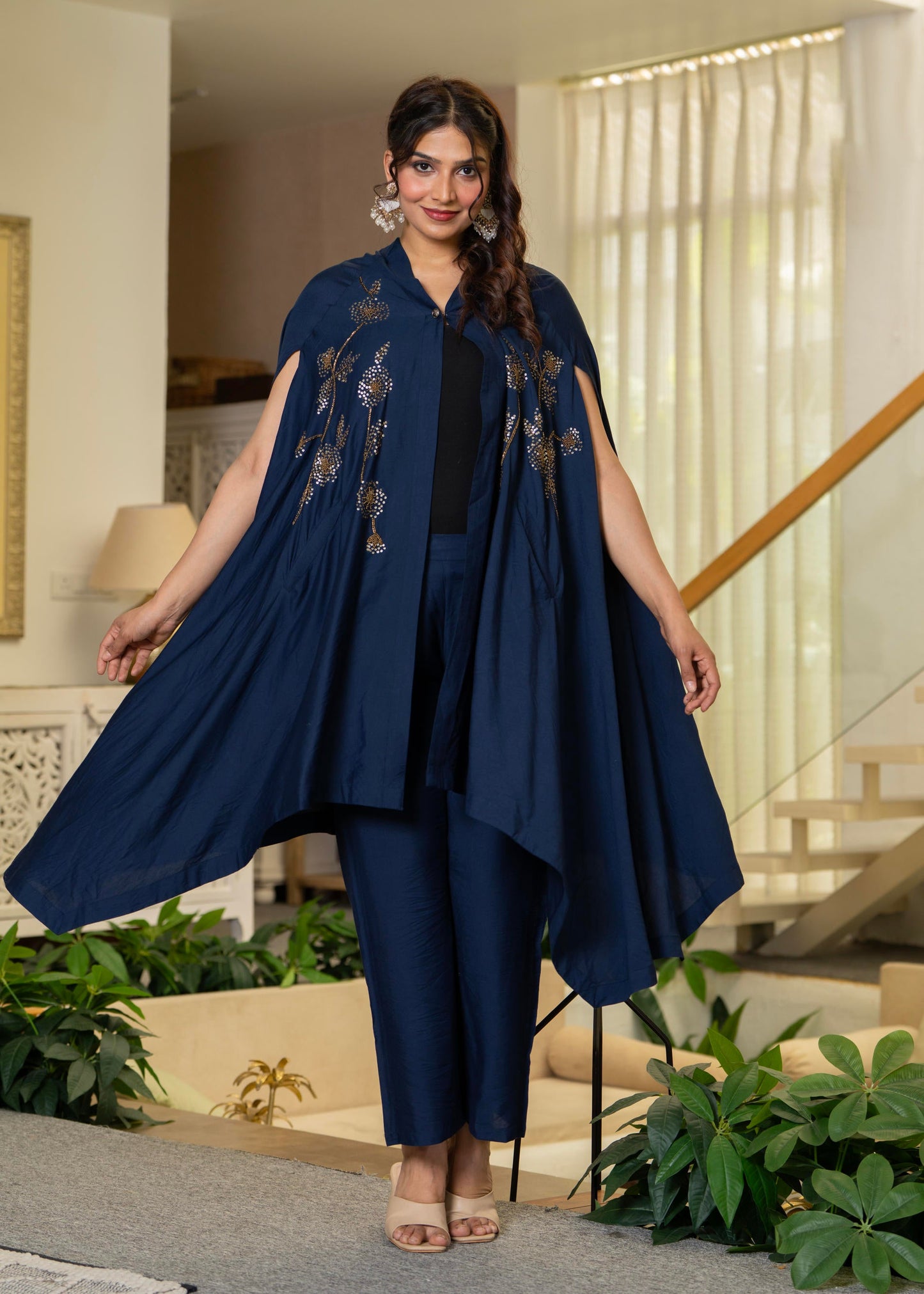 Juniper Navy Embellished Kaftan & Pant Co-Ord Set With Sequins And Beads - Distacart