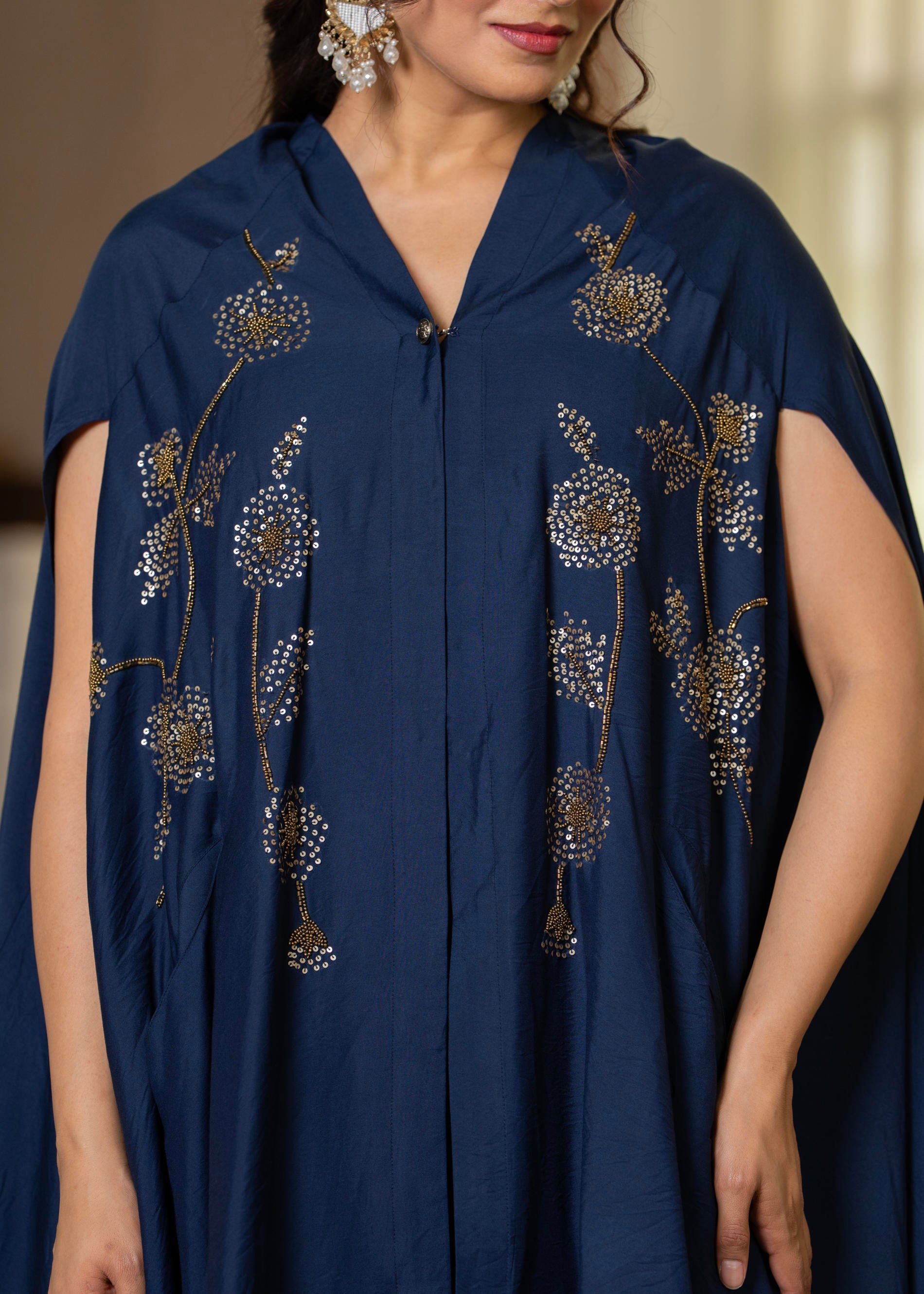 Juniper Navy Embellished Kaftan & Pant Co-Ord Set With Sequins And Beads