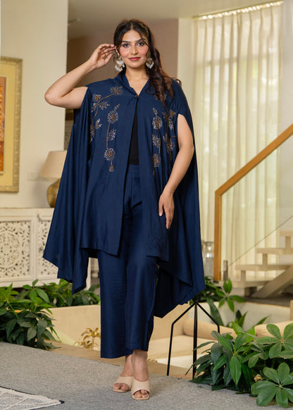 Juniper Navy Embellished Kaftan & Pant Co-Ord Set With Sequins And Beads - Distacart