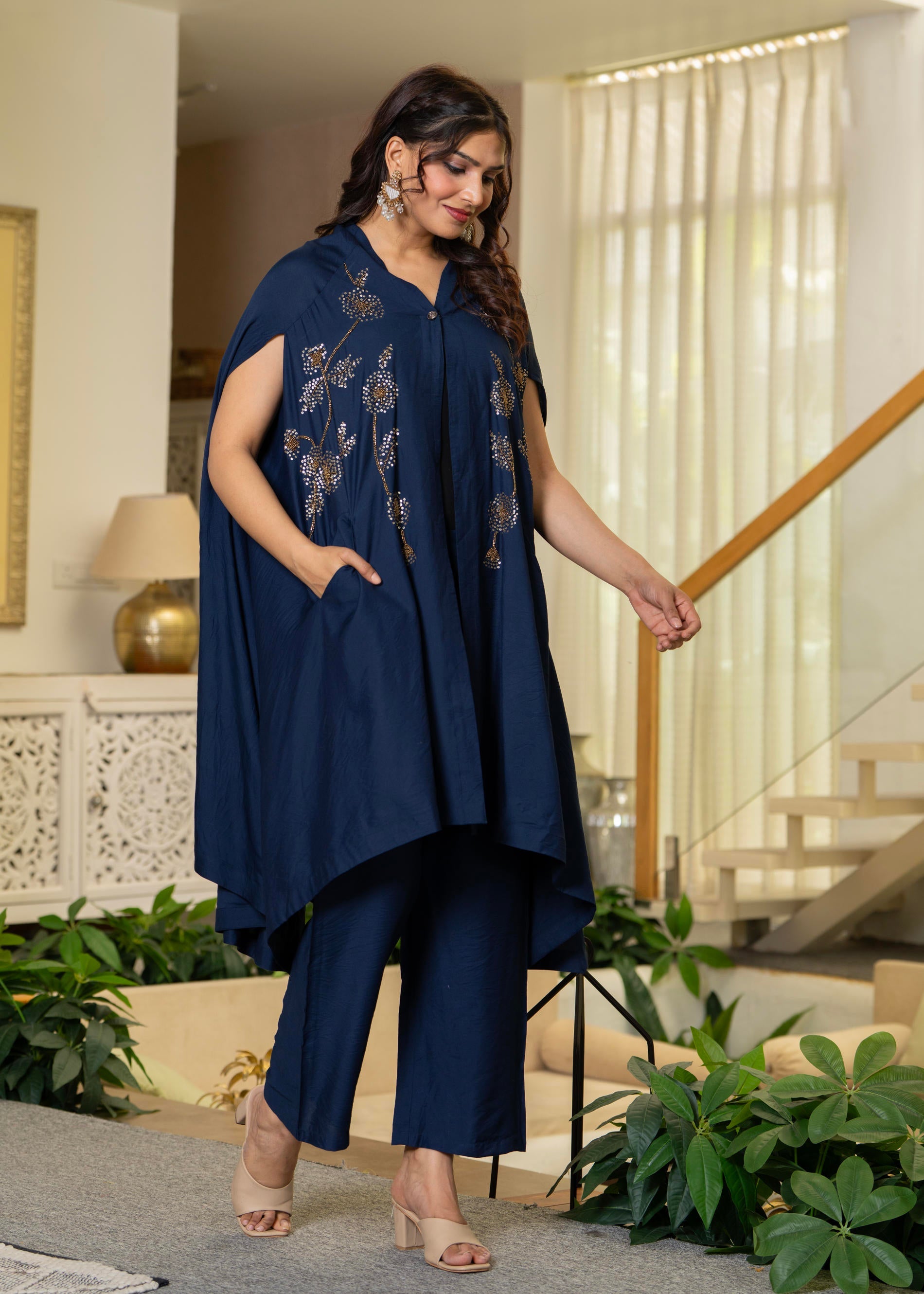Juniper Navy Embellished Kaftan & Pant Co-Ord Set With Sequins And Beads - Distacart