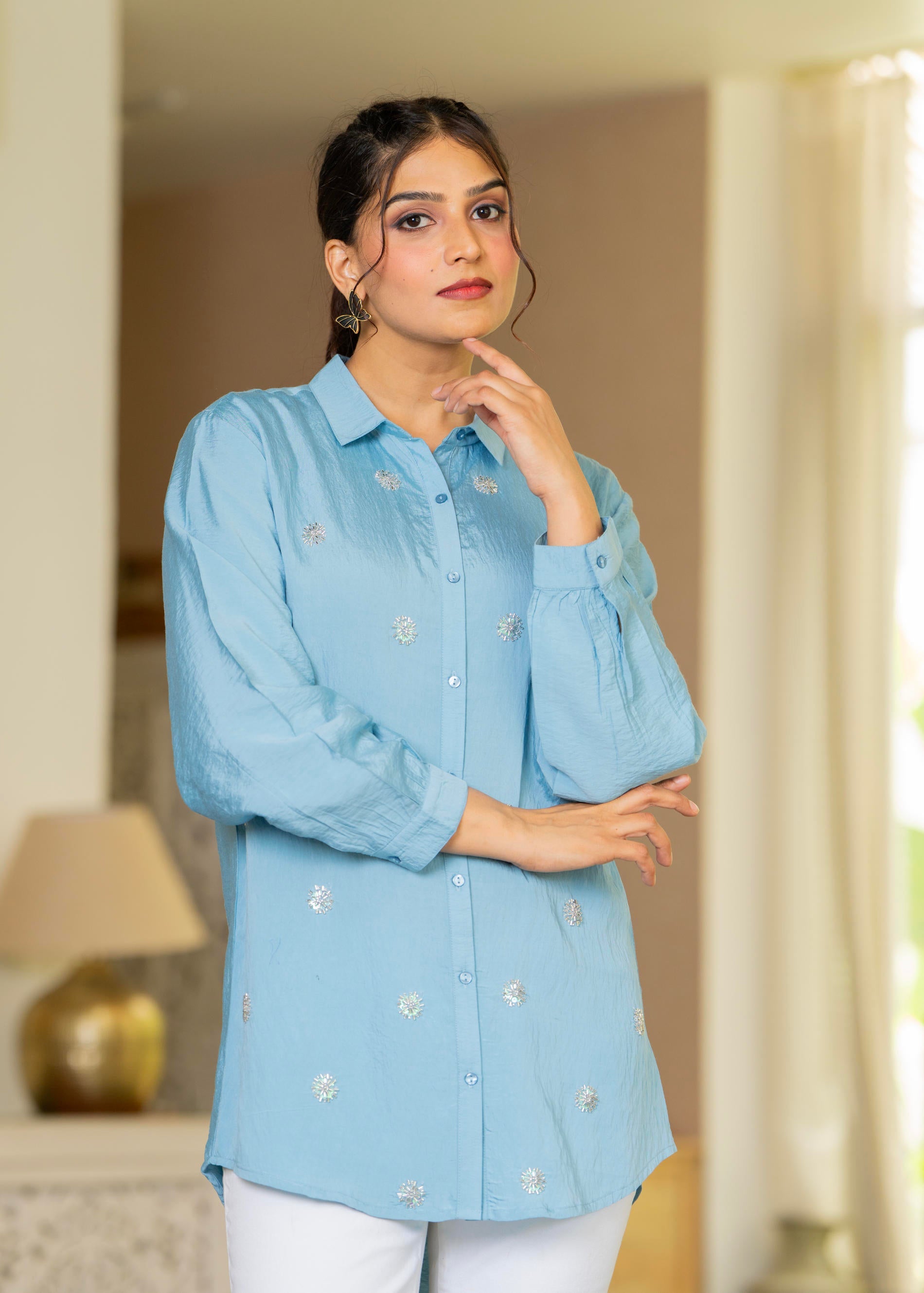 Juniper Steel Blue Solid Viscose Shirt With Beads And Sequence Work