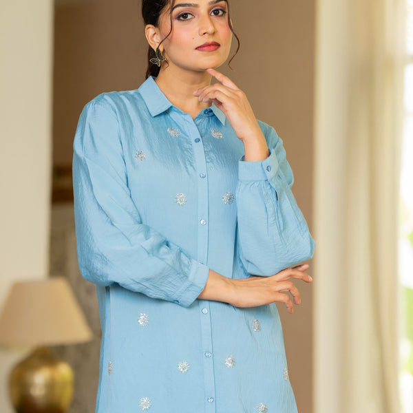 Juniper Steel Blue Solid Viscose Shirt With Beads And Sequence Work