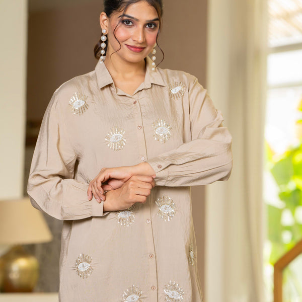 Juniper Ivory Solid Viscose Shirt With Beads And Sequence Work