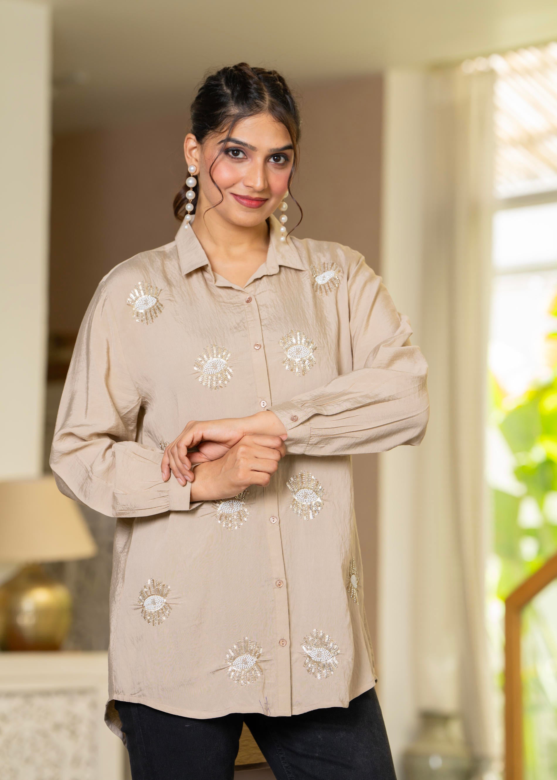 Juniper Ivory Solid Viscose Shirt With Beads And Sequence Work - Distacart