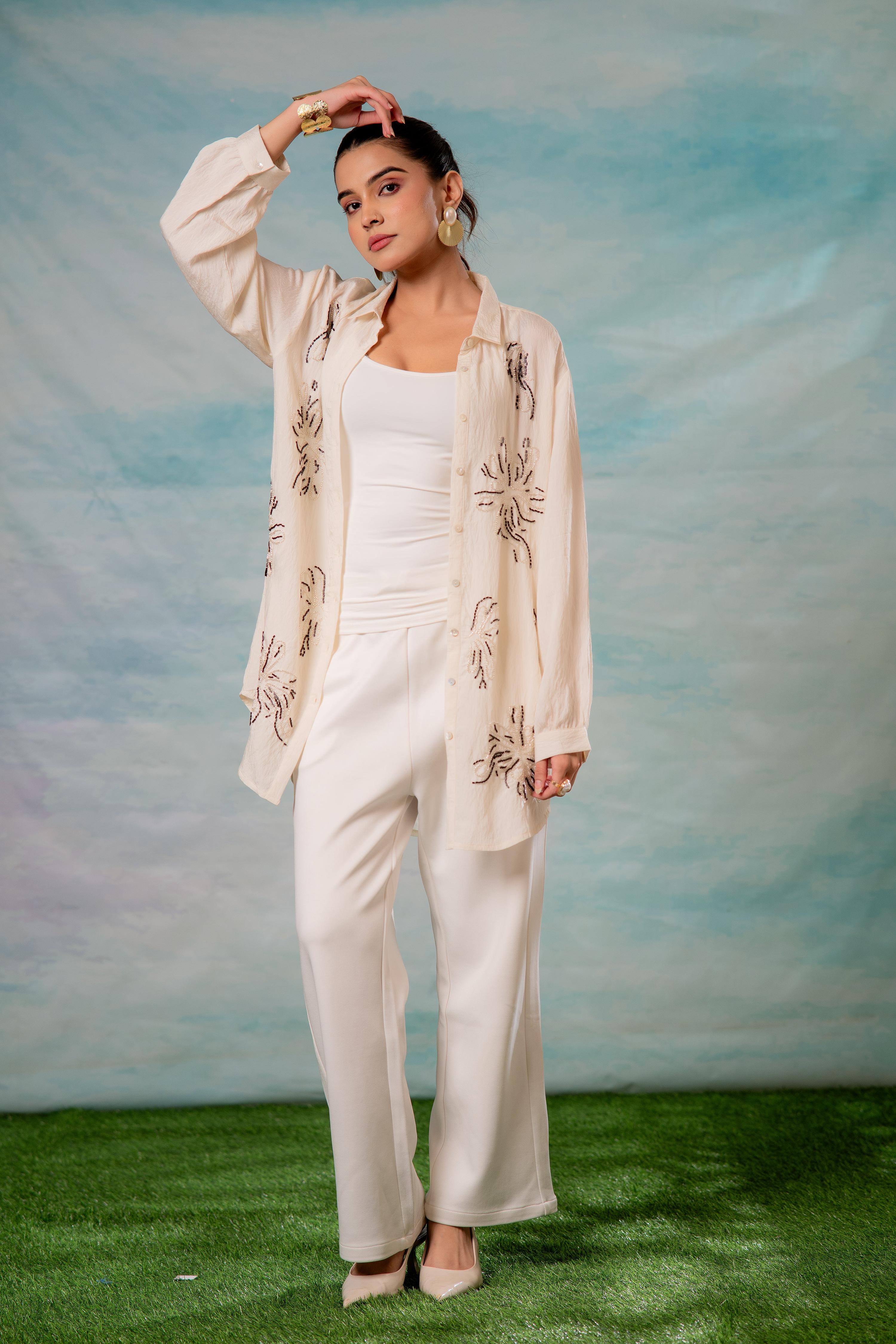 Juniper Viscose Off White Embellished Shirt With Bead Details - Distacart